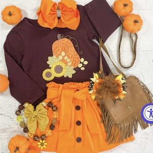 Girls Pumpkin Skirt Set - Orange and Brown